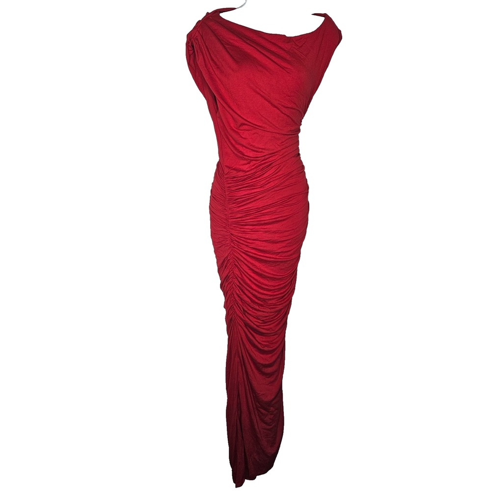 Naked Wardrobe Womens M/L Red Ruched Draped Maxi Dress Mob Wife Glam Bodycon New